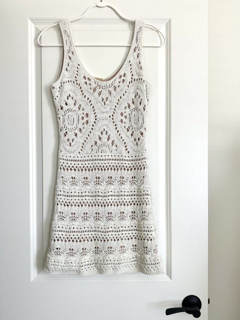 ALEXIS Ivory Metallic Silver Crochet Sleeveless Mini Dress Size L